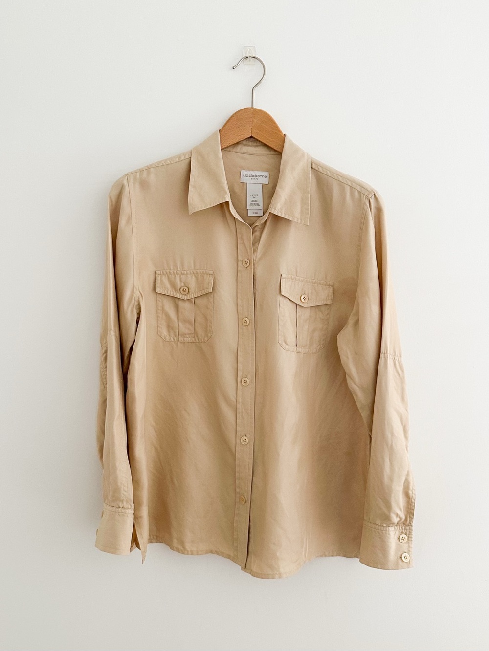 Vintage Liz Claiborne 100% Silk Utility Shirt Butter Beige Button Down Medium P